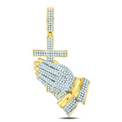 Mens Round Diamond Praying Hands Cross Charm Pendant 1-1/2 Cttw 10kt Yellow Gold - REF-82F9W