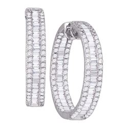 Womens Baguette Diamond Inside Outside Hoop Earrings 3-1/2 Cttw 14kt White Gold - REF-230H5R