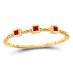 Womens Princess Ruby 3-Stone Beaded Stackable Band Ring 1/20 Cttw 10kt Yellow Gold - REF-6F9W