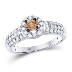 Round Brown Diamond Solitaire Halo Bridal Wedding Engagement Ring 3/4 Cttw 14kt White Gold - REF-62A