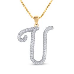 Womens Round Diamond Initial U Letter Pendant 1/5 Cttw 10kt Yellow Gold - REF-14N9F