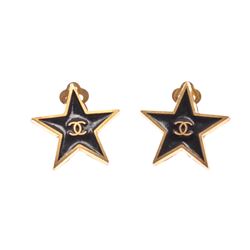 Chanel Black Enamel Gold Tone CC Star Clip On Earrings