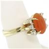 Image 4 : 14K Two Tone Gold Oval Carnelian Solitaire Ring w/ Round Diamond Accents