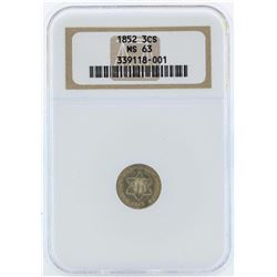 1852 Three Cent Silver Nickel Coin NGC MS63