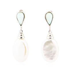 0.60 ctw Opal and Baroque Pearl Earrings - 18KT White Gold