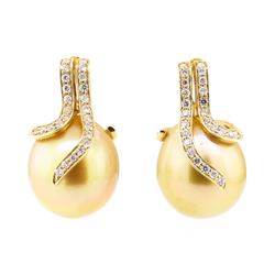 0.41 ctw Diamond and Pearl Earrings - 14KT Yellow Gold