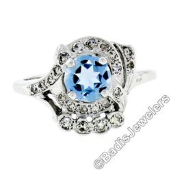 Art Deco 14kt White Gold 1.45 ctw Round Aquamarine and Diamond Cocktail Ring