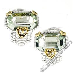 Judith Ripka Sterling Silver and 18kt Yellow Gold Prasiolite and Diamond Earring