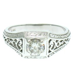 14k White Gold Etched Open Filigree Work .51 ctw Diamond Solitaire Ring