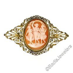 Victorian Gold Filled Detailed Open Work Filigree Carved Shell Cameo Brooch