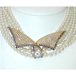 4811 ASPREY 18K Gold Pearl Necklace w/Sapphire/Diamond