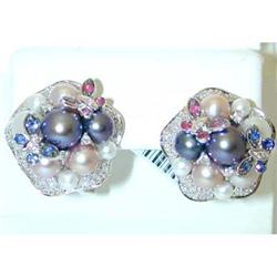 2508 14KW Gold MultiColor Pearl Earrings w/Diamond