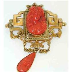 2654 ANTIQUE 18k Gold Cameo Coral Pin from 1850'