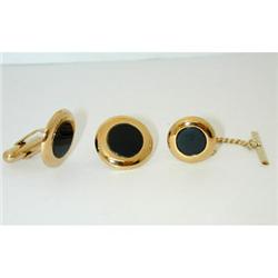 1106 18K Gold Onyx Cufflinks/ Tie Pin Set