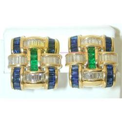 3362 KRYPELL 18K Gold Earrings w/Emer/Sapp/Dia