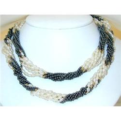 1416 14K Gold 7 Strands Hematite/Pearls Twisted Necklac