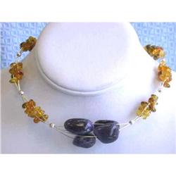 1489 Silver and Amber Necklace with Amethyst