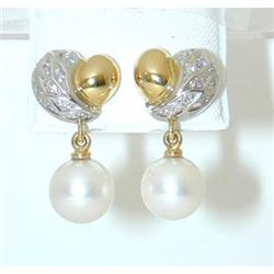 2374 18k 2 tone Gold Pearl Earrings w/Diamond