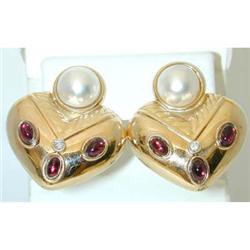 3326 14KW Gold Pearl Earrings w/Rhodolite