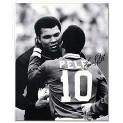 "Pele & Ali Hug" Autographed Print on Gallery Wrapped Canvas, Hand Signed by Legendary Brazilian Foo