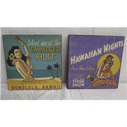Qty 2 Hawaiiana Art on Wood: Bamboo Hut & Hawaiian Nights, 11" x 11"