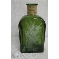 Large Green Glass Etched Bottle w/ Fish Design & Rope Accent 15" High