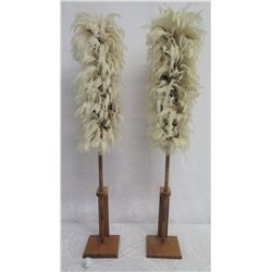 Qty 2 Hawaiian Feather Kahili on Stands, 45" Tall