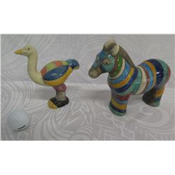 Qty 2 Small Glazed Clay/Ceramic Horse & Bird, Handmade in S. Africa 7" Tall