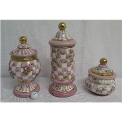 Qty 3 Makenzie Childs 1983 Rose Petal Lidded Containers 8"-16" Tall (Aurora, NY)