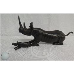 Black Horned Rhino Mother & Baby Carved Figurine, Solid Wood 19" Long x 9" High