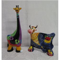 Qty 2 Figurines: 26" Tall Giraffe & 16" Cow Handpainted Turov Art Ceramics