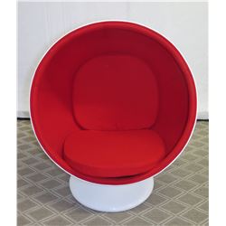 White Ball Pod Chair on Pedestal Base w/ Red Upholstery, Approx. 39" Dia, 51" High