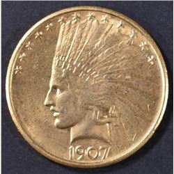 1907 $10 GOLD INDIAN HEAD NO MOTTO CH/GEM BU