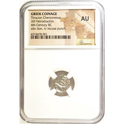 4TH CENTURY BC  AR HEMIDRACHM NGC AU