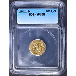 1911-D $2.5 INDIAN GOLD ICG AU-58 STRONG D