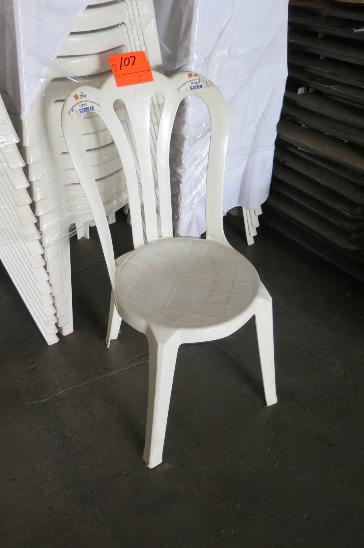 qty 90 white plastic stackable chairs