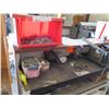 Image 8 : 2-Section Wooden Work Desk, Bins Hardware, Spray Enamel Cans, etc