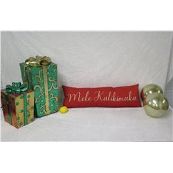 Red 'Mele Kalikimaka' Pillow w/ 2 Gift Boxes & 2 Round Ornaments