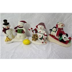 Qty 3 Snowmen Figurines: Carolers, Candy Canes & Sledding
