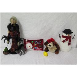 Qty 4 Holiday Plush Toys/Decor: Snowman, Mrs. Claus, Dog & Pillow