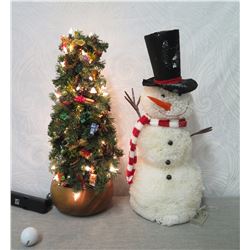 Artificial Illuminated Tree in Wood Bowl 'Mele's Mood' #9206 & Plush Snowman
