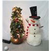 Image 1 : Artificial Illuminated Tree in Wood Bowl 'Mele's Mood' #9206 & Plush Snowman
