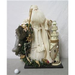 Santa in White Coat w/ Lighthouse & Fishing Net 27" Tall