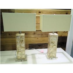 Qty 2 Stone Base Lamps w/ Rectangle Shades 7" Diameter x 28" High