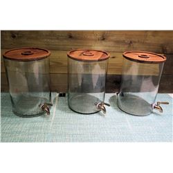 Qty 3 Round Clear Beverage Dispensers w/ Lids & Spouts