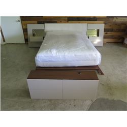 New Bed Frame, Mattress, Headboard, Footboard Shelf, 2 End Tables