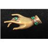 Image 1 : Vintage Brass Hand Brooch Wearing a Prong Set Green Rhinestone Ring and Bracelet