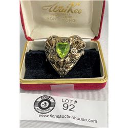 Beautiful Antique Silver Brooch With Gilded Leaves and Feathers Highlited with a Green Peridot Glass