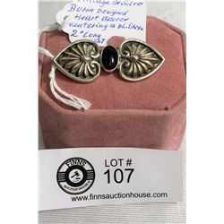 Vintage Sterling Silver Boha Designed Heart Brooch Centering a Black Onyx