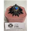 Image 1 : Beautiful Vintage Black Navette Cut Rhinestone Brooch Highlighted with Aurora Borealis in a Silverto